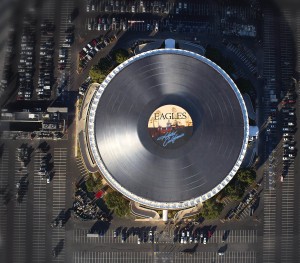 For the month of January, 2014, the world’s largest vinyl album is spinning on top the Forum in L.A. as a tribute to the Eagles upcoming concerts at the venue.