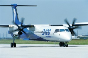 Designed for short-haul rotes, the Bombardier Q400 NextGen aircraft is a fuel-efficient turboprop.