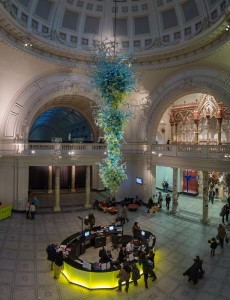 Victoria and Albert Museum—in 2000, an 11-metre high, blown glass chandelier by Seattle artist Dale Chihuly was installed as a focal point in its main entrance rotunda.