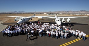Sir Richard Branson with the team of rocket scientists who were involved in building Virgin Galactic's SpaceShip Two and WhiteKnightTwo spacecraft.