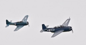SDB-3 Dauntless Dive Bomber chasing a TBM-3E Avenger. Both WWII aircraft are from the Historic Erickson Aircrat Collection from Madras, Oregon. Photo: Jim Jorgenson