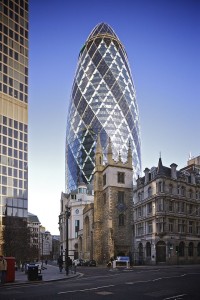 At 180 metres tallm 30 St. Mary Axe, nicknamed "The Gherkin", is the second tallest building in the City of London.