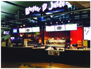 Booster Juice is located before security, Level 3, Domestic Terminal Food Court.