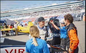 Canadian Pete McLeod (left) talks with Nicolas Ivanoff of France at the eighth stage of the Red Bull Air Race World Championship at Las Vegas Motor Speedway.