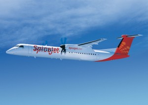 Bombardier Q400 aircraft in SpiceJet livery.